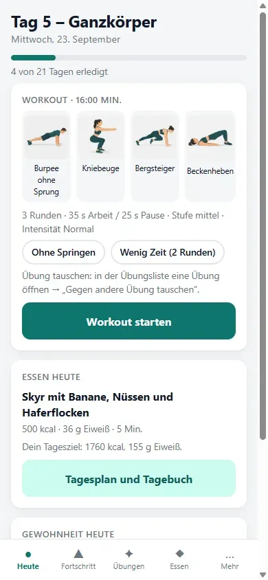 21 Tage Fit App: Tag 5 mit Workout, Essen und Gewohnheit