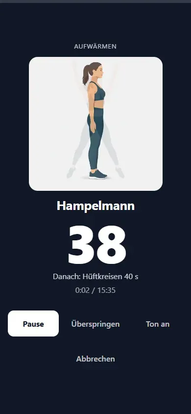 Workout: Timer, Ansage, Bewegungs-Clip